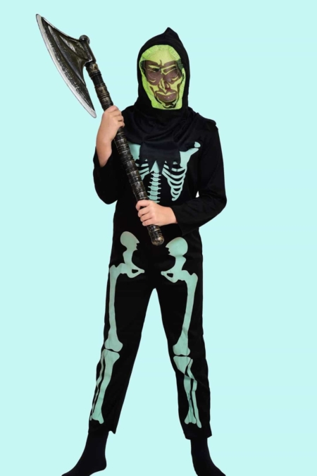 Kostüm Halloween Skelett Gr. 140 für Kinder. 13,- € für vier Tage. Zubehör inklusive – Chemnitzer Kostümverleih. Gerippenanzug H31