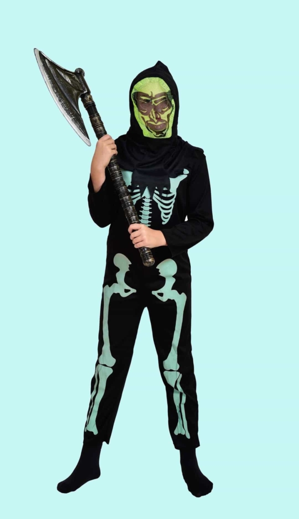 Kostüm Halloween Skelett Gr. 140 für Kinder. 13,- € für vier Tage. Zubehör inklusive – Chemnitzer Kostümverleih. Gerippenanzug H31