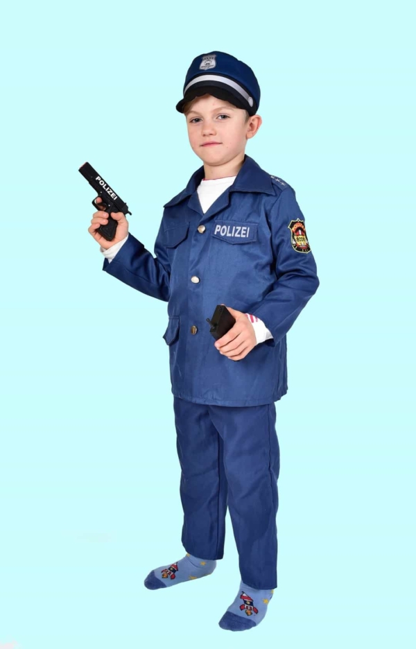 Kostüm Polizist Gr. 116 für Kinder. Zubehör inklusive. Chemnitzer Kostümverleih. Europol. 12,- € für vier Tage. B-24