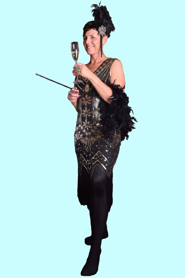 Kostüm Charleston Kleid schwarz 20. Jahre. Gr. XL für Erwachsene. 34,- € für vier Tage. Zubehör inkl. – TV-66 - Chemnitzer Kostümverleih