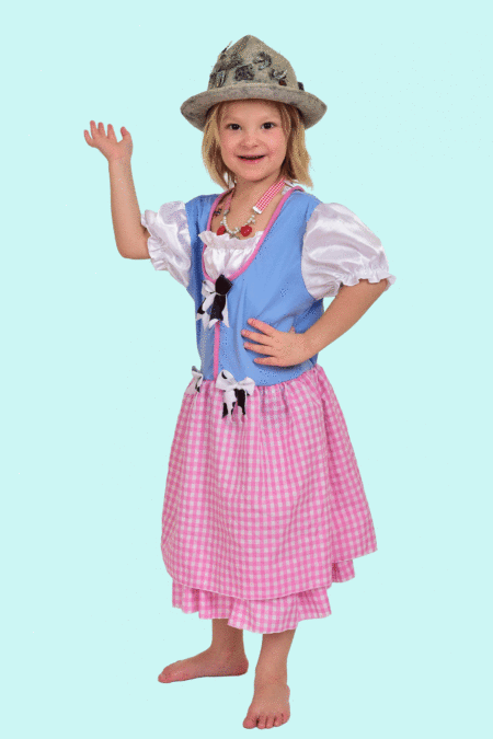 Kostüm Dirdl Heidi Ja, Mei Gr. 110 für Kinder. 18,- € für vier Tage. Zubehör inklusive. Chemnitzer Kostümverleih. W-14