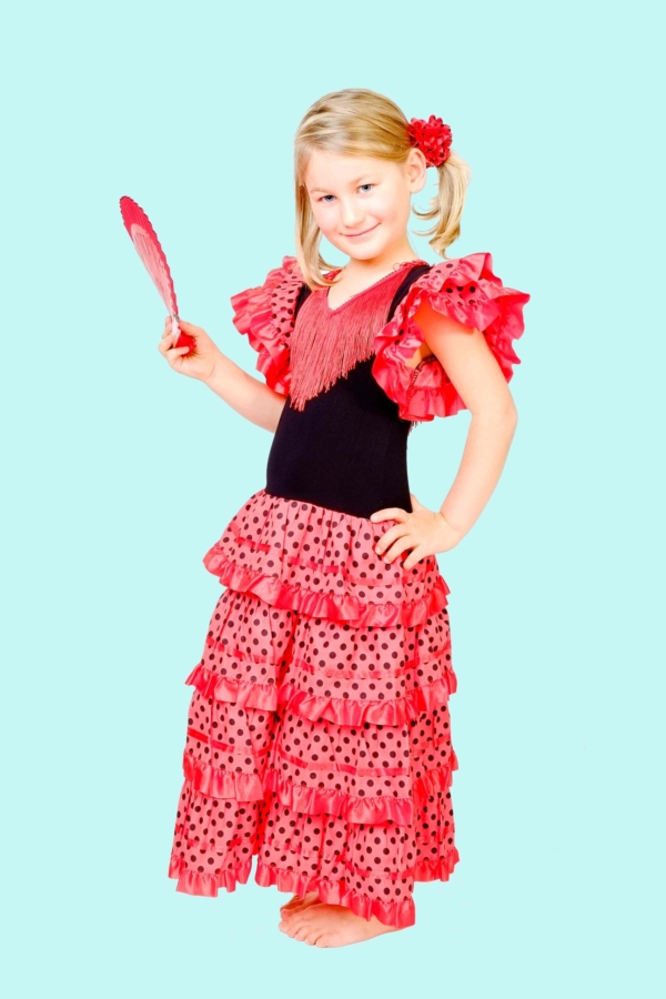 Kostüm Flamenco Tänzerin Rotes Kleid Gr. 134 für Kinder. 14,- € für vier Tage. Zubehör inklusive. Chemnitzer Kostümverleih. W-21