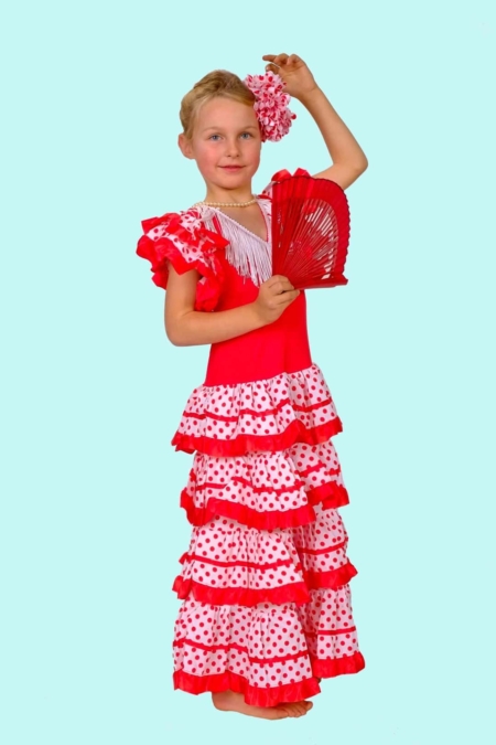 Kostüm Flamenco Tänzerin rot weiss Gr. 140 für Kinder. 14,- € für vier Tage. Zubehör inklusive. Chemnitzer Kostümverleih. W-20