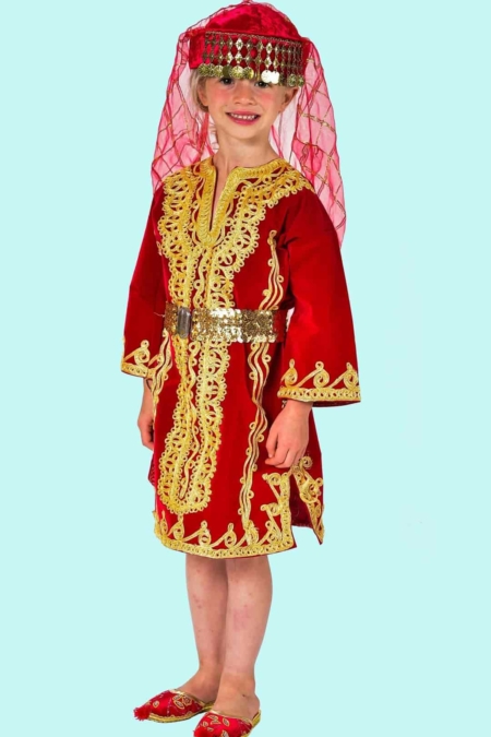 Kostüm russische Folklorekleid mit Gold Gr. 128 für Kinder. 18,- € für vier Tage. Zubehör inklusive. Chemnitzer Kostümverleih. W-11