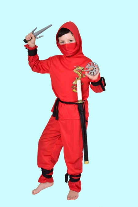 Kostüm roter Ninja Gr. 134 für Kinder. 13,- € für vier Tage. Zubehör inkl. W-29- Chemnitzer Kostümverleih
