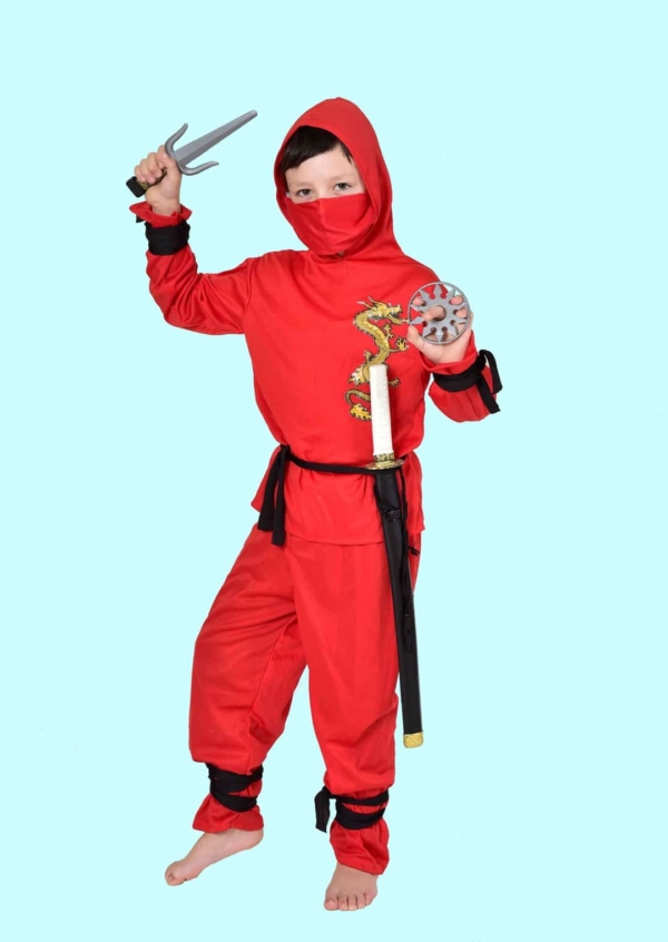 Kostüm roter Ninja Gr. 134 für Kinder. 13,- € für vier Tage. Zubehör inkl. W-29- Chemnitzer Kostümverleih