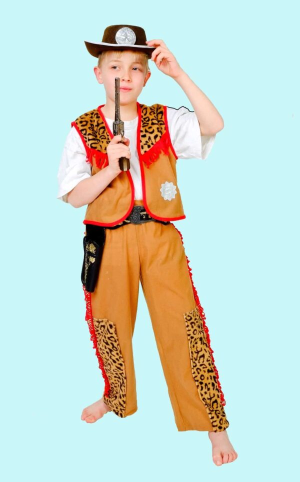 Cowboy Kostüm Gr. 140 für Kinder. Sheriff Tigerfell. 14,- € für vier Tage. Zubehör inkl. Chemnitzer Kostümverleih C-6