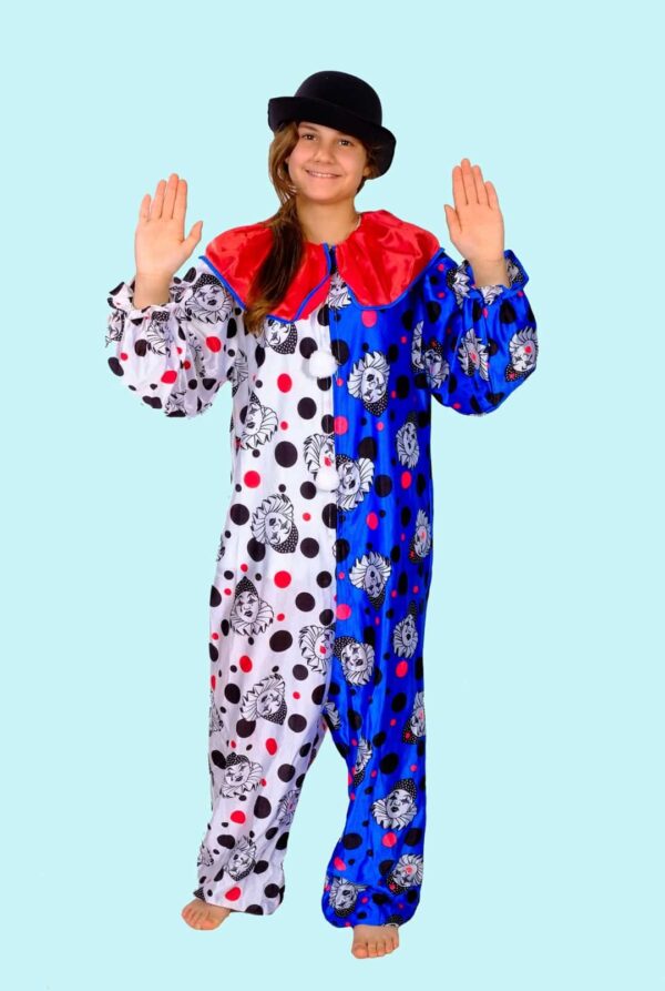 Kostüm Clown Harlekin für Kinder Gr. 136. 19,- € für vier Tage. Piero weiß blau. Zubehör inklusive. Chemnitzer Kostümverleih. B-18a
