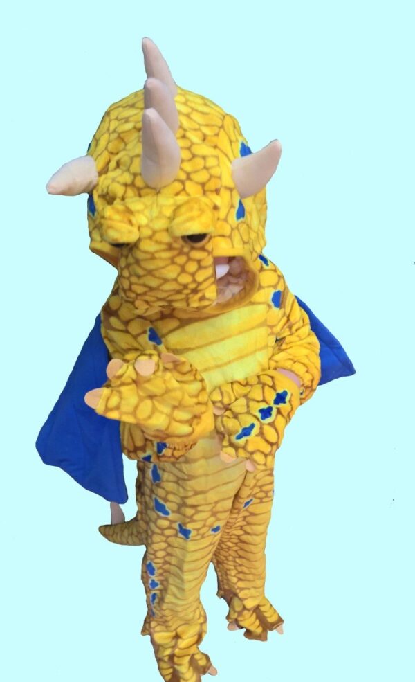Kostüm Dino gelber Drache für Kinder. 17,- € für vier Tage. Gr. 98 Zubehör inklusive - Chemnitzer Kostümverleih - Kostüm T-43