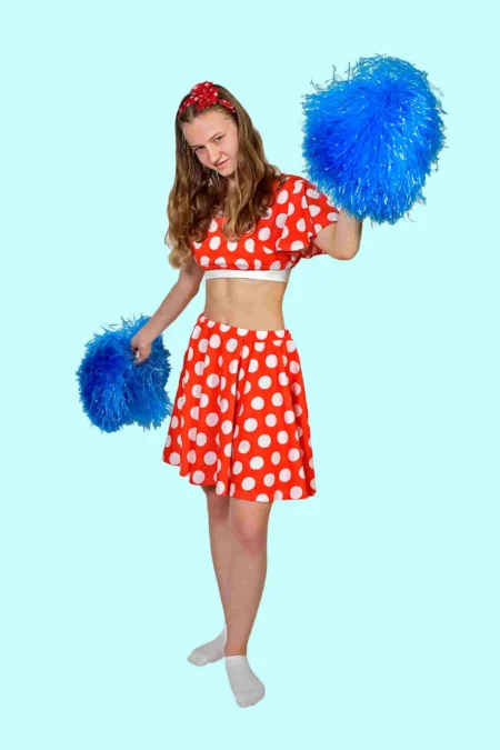 Kostüm weiße Punkte Cheerleader Gr. 146 für Kinder. 14,- € für vier Tage.Zubehör inklusive. Chemnitzer Kostümverleih B-17b