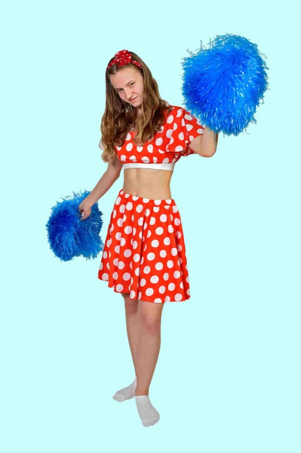 Kostüm weiße Punkte Cheerleader Gr. 146 für Kinder. 14,- € für vier Tage.Zubehör inklusive. Chemnitzer Kostümverleih B-17b