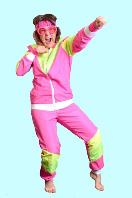 Kostüm Retro Trainingsanzug rosa Power 80 Jahre Gr. XL für Erwachsene. 19,- € für vier Tage. Zubehör inklusive. Chemnitzer Kostümverleih F-11