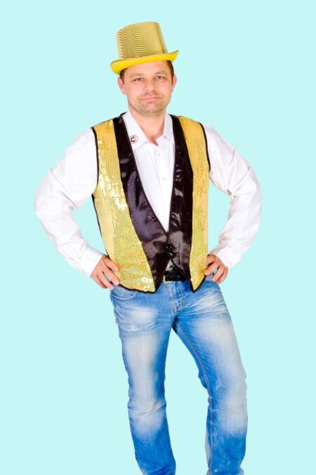 Kostüm goldene Disco Weste 70er Jahre Gr. XL für Erwachsene. 18,- € für vier Tage. Zubehör inklusive. Chemnitzer Kostümverleih F-66